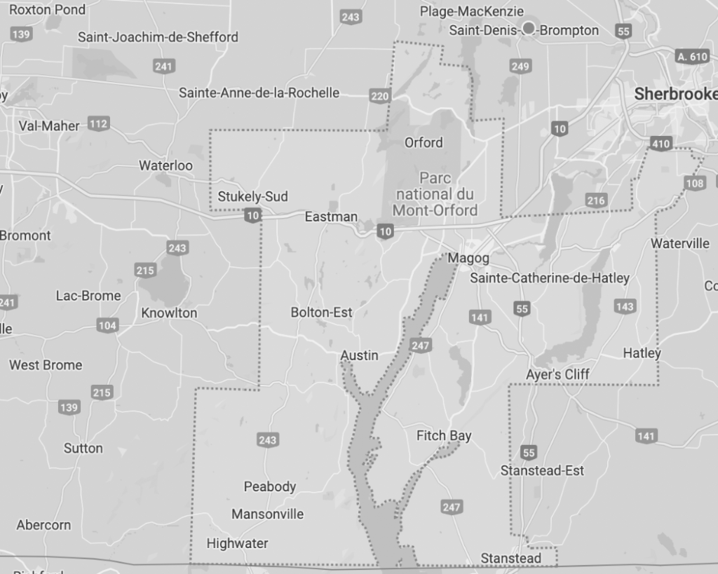 Carte Memphrémagog, Magog, Austin, Orford, Eastman, North Hatley, Courtier immobilier